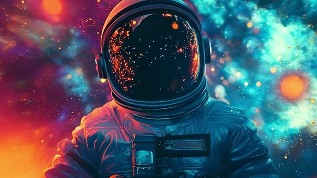 A man in a space suit against a vibrant backdrop, Single astronaut floating in space with dust, astronaut in outer space galaxy multiverse, footage, 4k footage, videos, video clip, slow motion