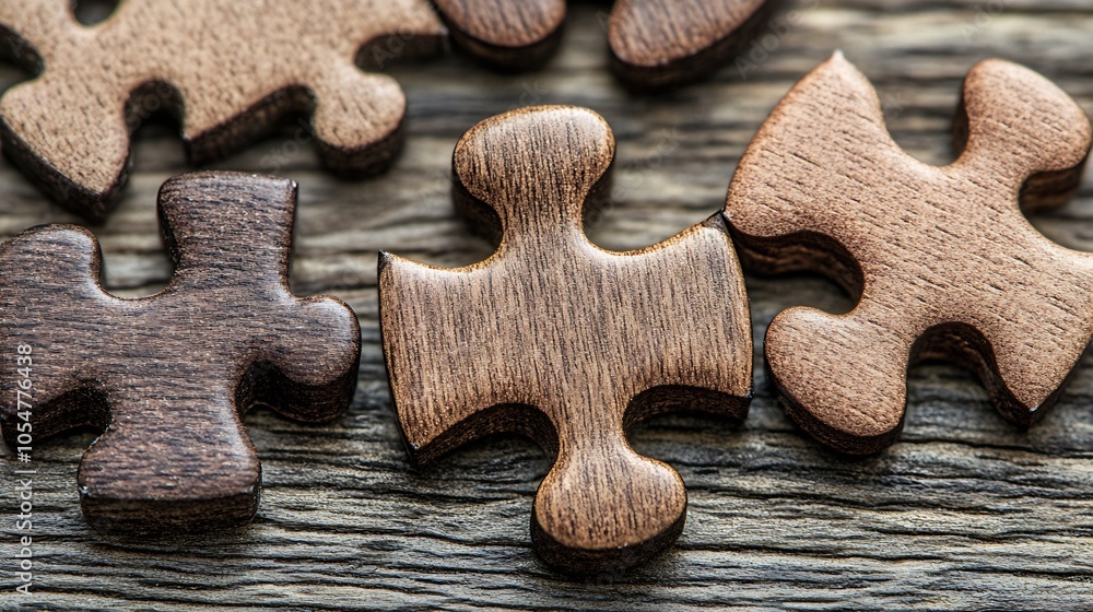Aufkleber closeup of wooden puzzle pieces for team building and problem solving concepts : generative ai