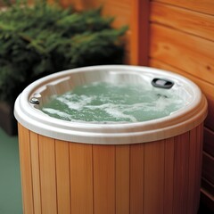 A wooden hot tub filled with bubbling water, set in a cozy outdoor space.