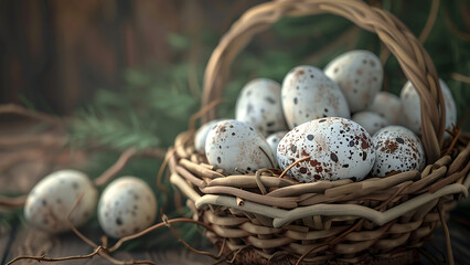 Obraz premium Speckled Eggs Nestled in a Rustic Basket