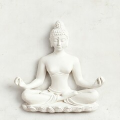 A serene white Buddha statue in a meditative pose against a plain background.