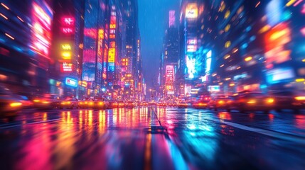 Obraz premium Vibrant cityscape with neon lights reflecting on wet streets.