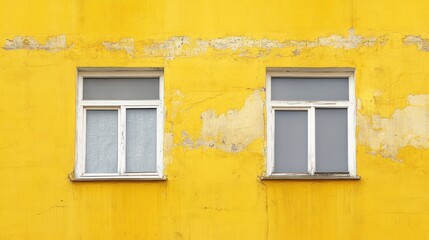 Fototapeta premium Two windows on a weathered yellow wall, showcasing peeling paint and contrasting colors.