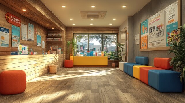 Cozy reception area with colorful seating and information displays.