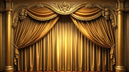 Golden theatre curtains with intricate details and elegant drape , theater, stage, performance, show, luxury, glamorous, fancy