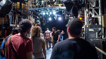 The backstage area is bustling with activity as actors and crew members rush to their places before the show.