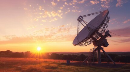 Large satellite dish or radio telescope at dawn