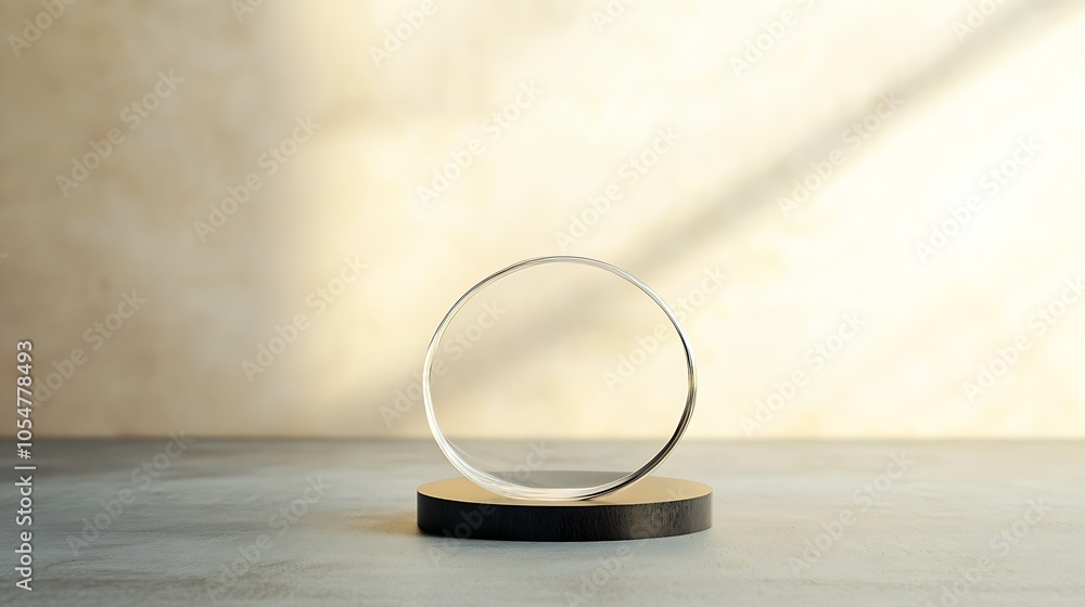 Poster Minimalist display of a circular glass ornament on a wooden platform with soft diffused sunlight : Generative AI