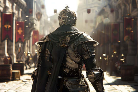 Medieval knight in armor, back view, walking through old city streets, Generative AI