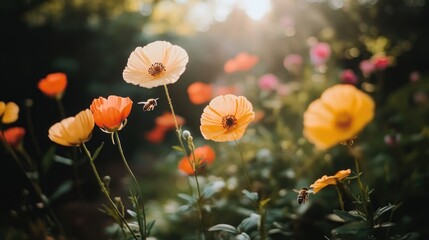 Obraz premium Bees pollinating a field of yellow and orange flowers in the sunlight.