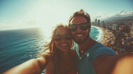 Couple takes a selfie on a beach. Perfect for websites and social media promoting travel.
