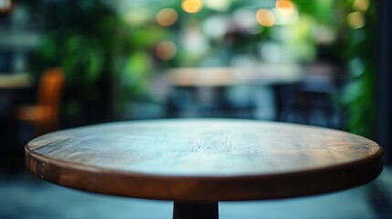 Round Wooden Table in Lush Cafe Interior with Blurred Background Urban Coffee Culture : Generative AI