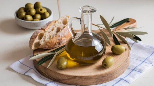 Fresh Mediterranean olive oil with olives and bread for dipping, a taste test of quality