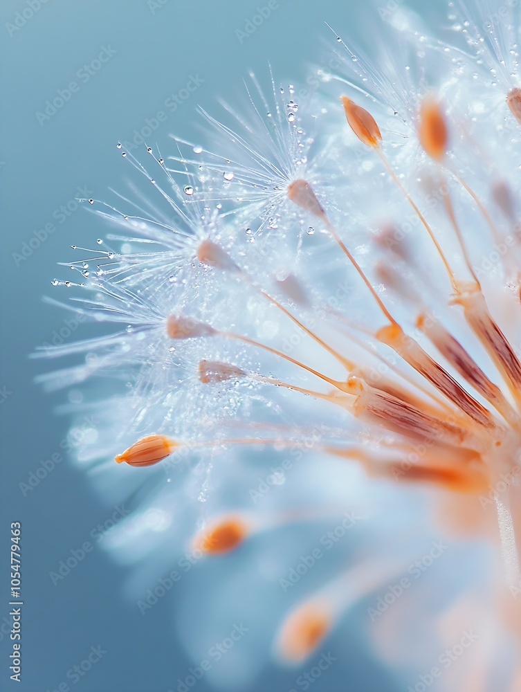 Poster Delicate White Dandelion Seed Head Against Soft Blue Hue Backdrop in Macro Photography : Generative AI