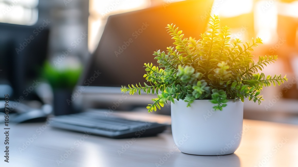 Poster bright workspace with computer and potted plant illuminated by soft sunlight : generative ai