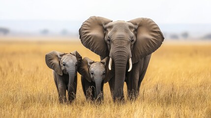 Naklejka premium Elephant family in tall grass. A mother elephant with two calves in the African savanna, perfect for nature and wildlife projects.