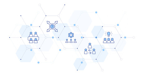 Teamwork Banner Vector Illustration with Icon Style in Between. Line Duotone icon. Containing team management, idea, meeting, direction, mediator