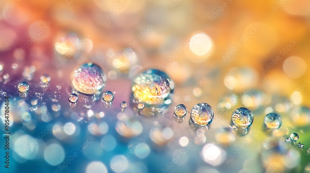 Poster abstract colorful water droplets on a shimmering multicolor surface : generative ai