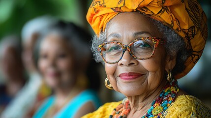 Elderly individuals enjoying a vibrant gathering in a lush outdoor setting during a community event