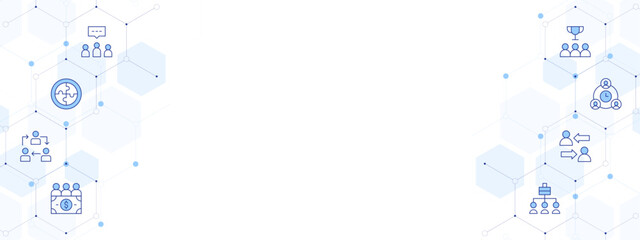 Teamwork Banner Vector Illustration with Two-sided Icon Style. Line Duotone icon. Containing team work, deadline, idea, profit, puzzle, team, trophy, shift