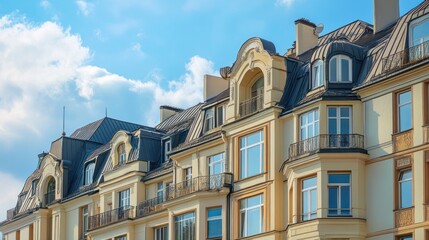 Fototapeta premium Elegant residential building with ornate architecture and large windows against a blue sky.