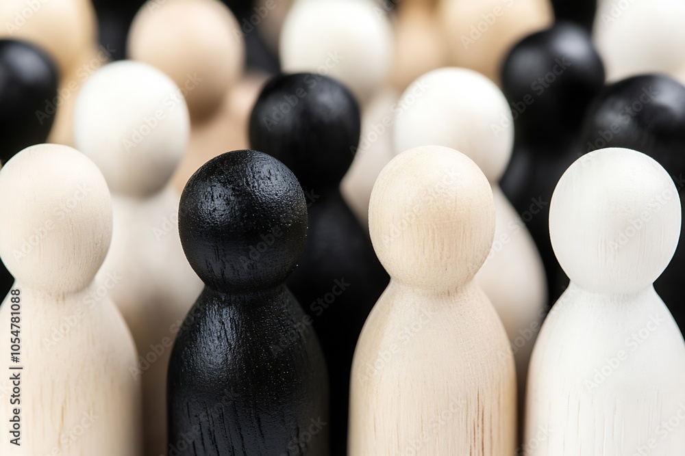 Poster diverse wooden figures representing teamwork and unity in black and white : generative ai