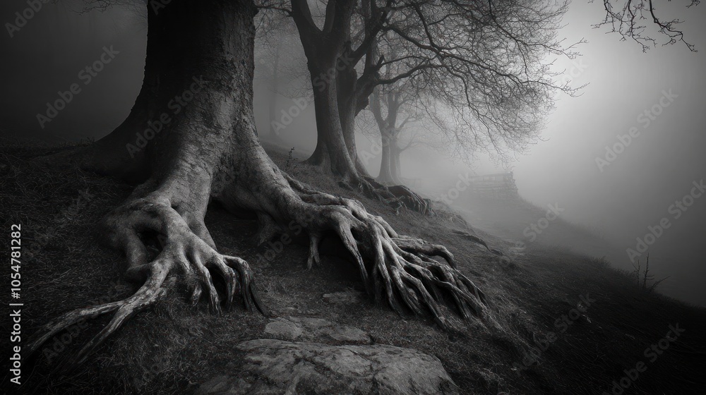 Poster a misty forest path with gnarled tree roots in the foreground, leading towards an unseen destination