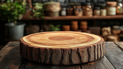 natural wooden product display podium, minimalistic and set against a soft, neutral background. The design conveys sustainability, simplicity, and elegance, making it ideal for eco-conscious brands an