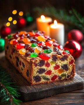 Festive fruitcake with holiday decorations