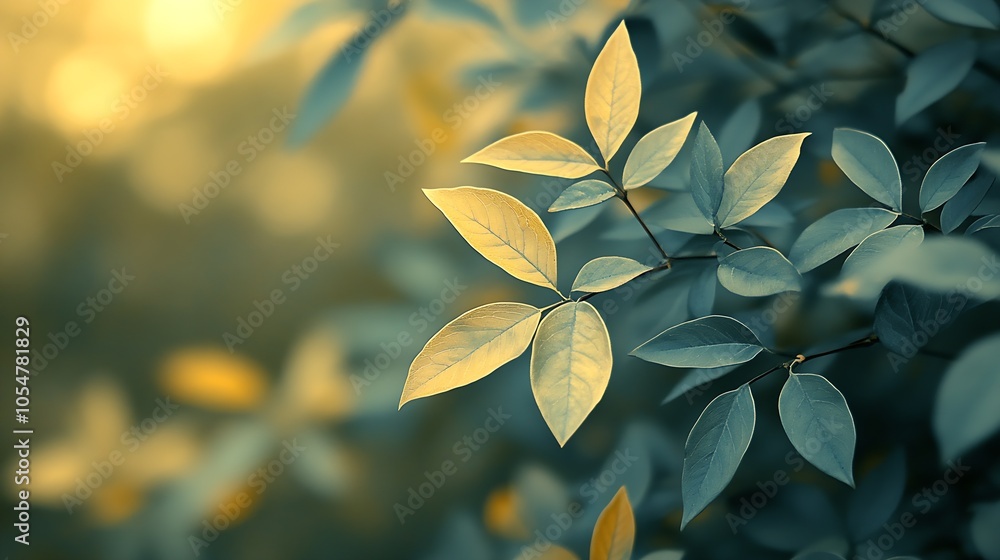 Poster serene nature closeup of sunlit leaves in soft focus on a gentle green background : generative ai