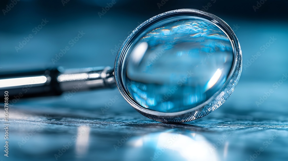 Poster magnifying lens on reflective surface with cool blue lighting in abstract closeup view : generative 