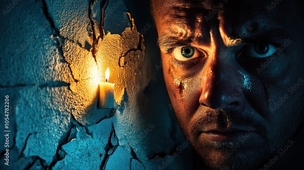 Poster close up portrait of a man with a dirty face looking at the camera with fear and a candle burning on