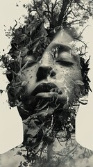 Abstract Portrait with Nature Elements: A Surreal Black and White Collage