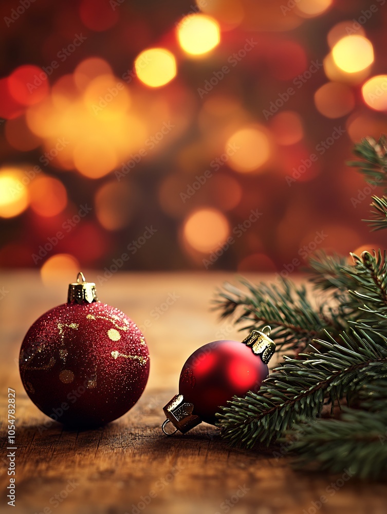 Poster festive christmas baubles and pine branch on rustic wooden table with warm bokeh lights : generative