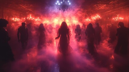 A mysterious dance scene shrouded in smoke and dramatic lighting.