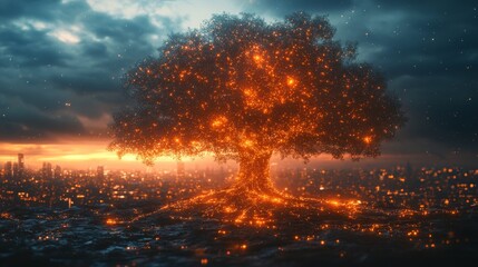 Naklejka premium Glistening tree with glowing lights at dusk, magical landscape. Fantasy and wonder concept