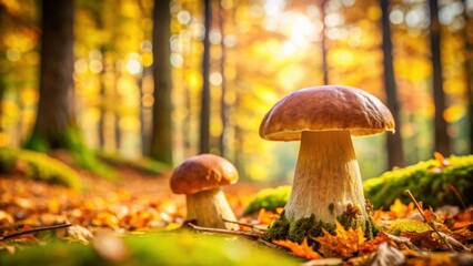 Porcini mushrooms growing in the autumn forest, a nutritious option for vegetarians and diabetics, Porcini mushrooms