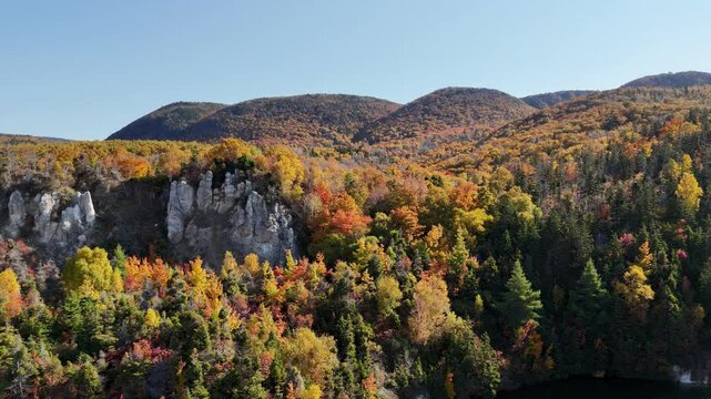 Aerial view of Gypsum Lake in Cape Breton Nova Scotia during Autumn.  Fall foliage of the mountains with multi colored deciduous trees, La Prairie, Cabot Trail, Cape Breton. 