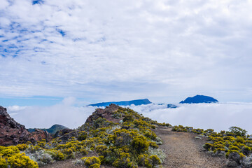 Stunning aerial view of Piton de la Fournaise, one of the most active volcanoes in the world. The...