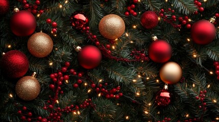 Festive Christmas ornaments in red and gold adorn lush green pine branches, creating a vibrant holiday atmosphere