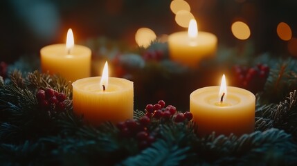 Warmly lit candles surrounded by greenery and red berries create a cozy, festive atmosphere, perfect for celebrating seasonal gatherings and embracing winter's charm
