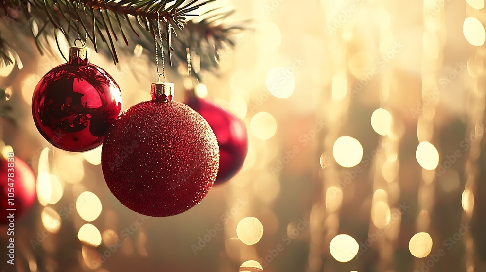 Poster red christmas baubles on fir tree with gold bokeh background : generative ai