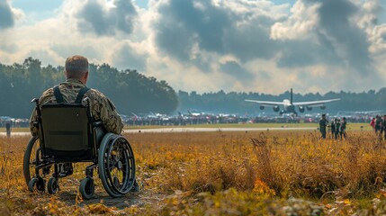 Obraz premium Wheelchair user enjoys an airshow while observing aircraft in flight against a cloudy sky