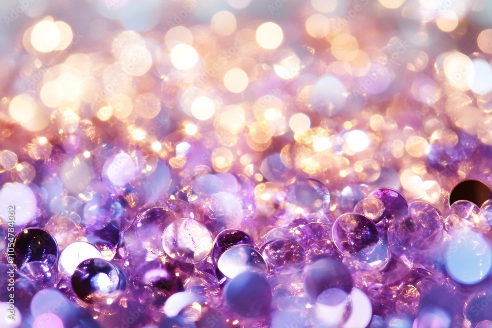 Fototapete Abstract shimmering purple and gold bokeh with sparkling luminous beads : Generative AI