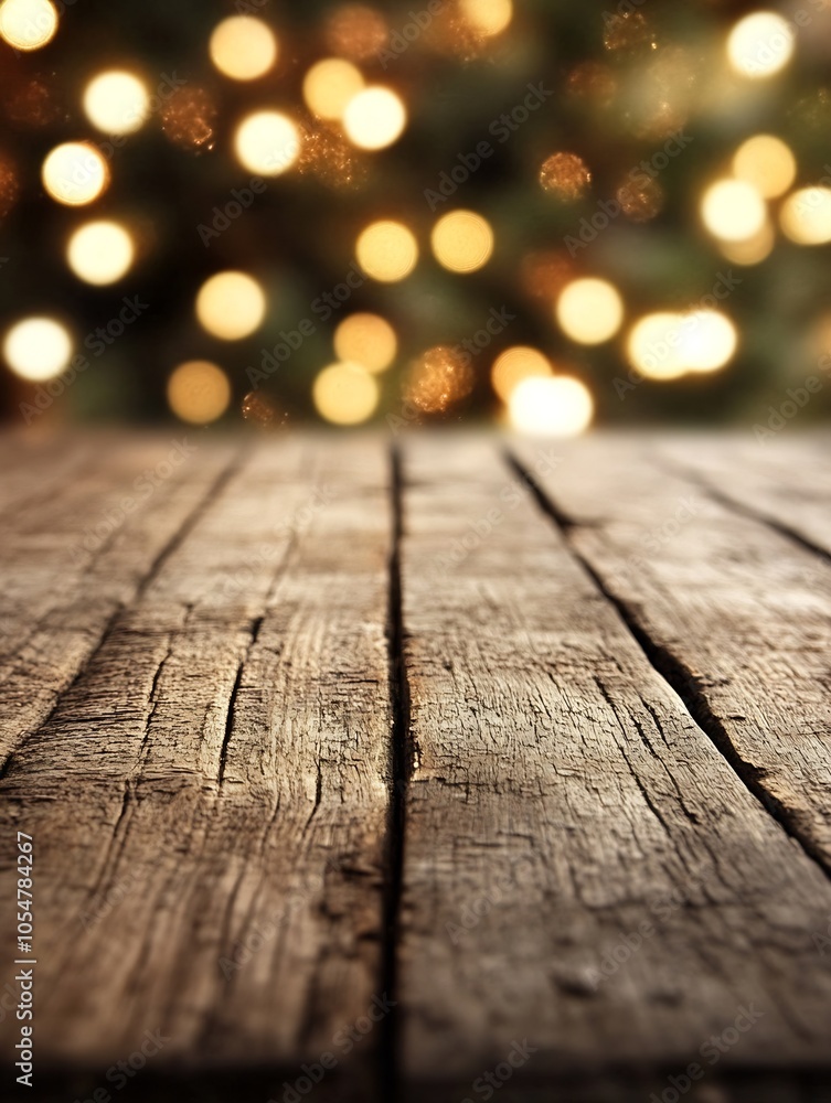 Poster warm and cozy rustic wooden table against soft bokeh christmas lights : generative ai