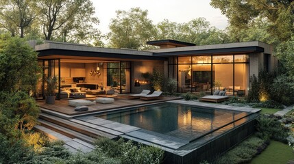 Obraz premium Modern home with a pool surrounded by lush greenery.