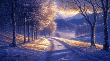 A tranquil winter landscape featuring a snow-covered path bordered by frosted trees, leading towards distant mountains illuminated by a soft, warm light