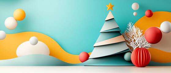 Vibrant geometric new year card design featuring a whimsical christmas tree and playful elements