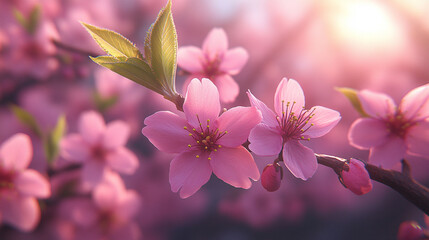 blossoming cherry tree in early spring with delicate pink petals against a blurred background, symbolizing renewal, fleeting beauty, and the ephemeral nature of life in Japanese culture