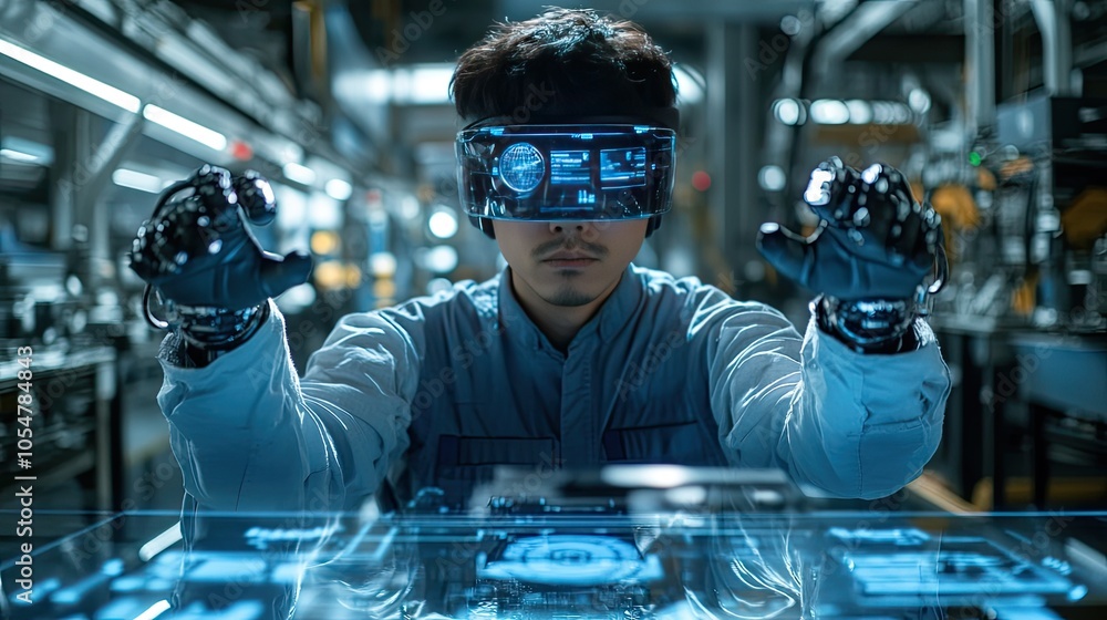 Poster a worker in a factory using vr. this photo is perfect for showcasing the use of virtual reality in i